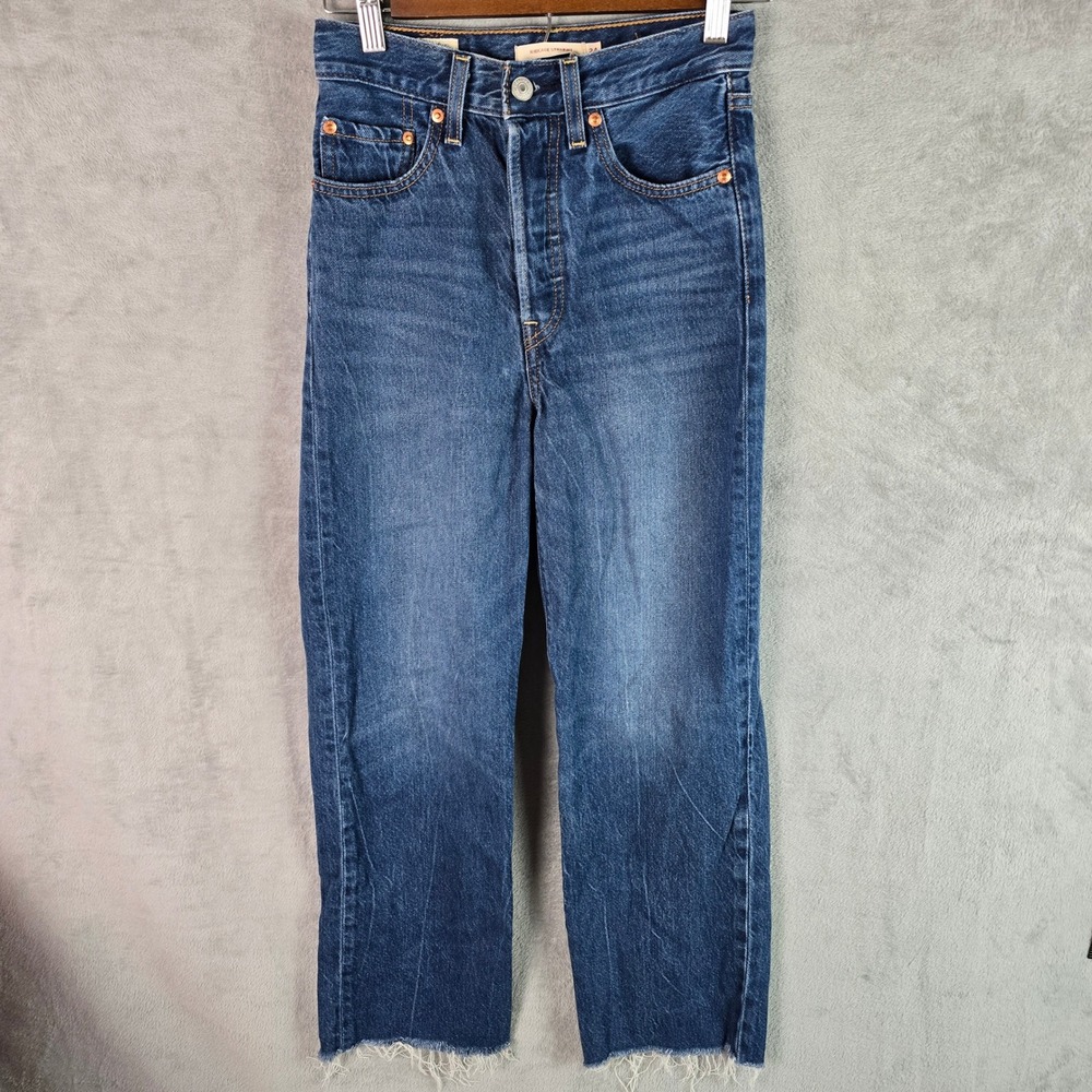 Levis Premium Ribcage Straight Jeans‎ Medium Wash Raw Hem 24 Womens High Rise